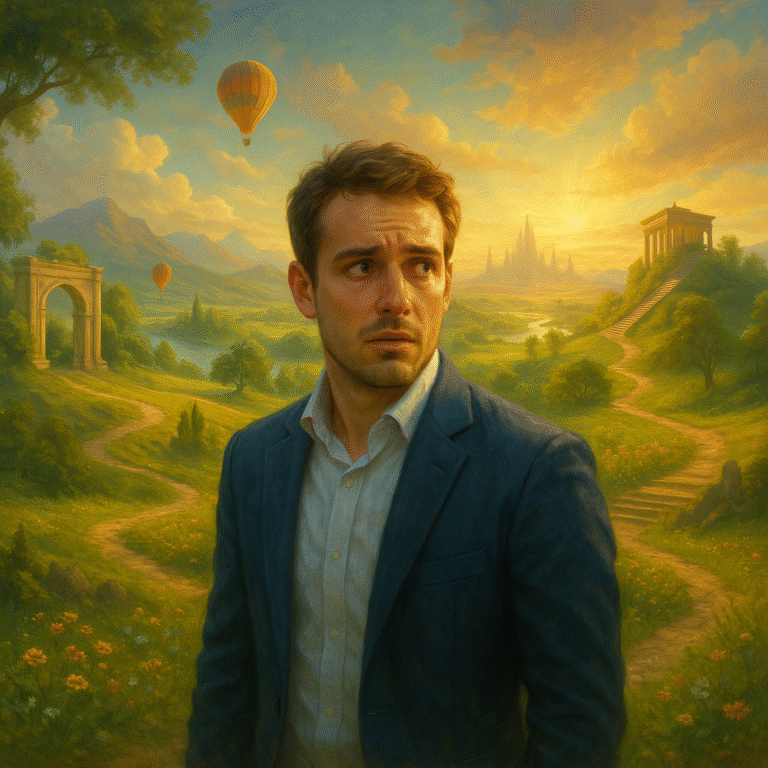 A man in a suit, looking worried, stands in the middle of a bright landscape full of opportunities, symbolising a life rich in possibilities that he does not yet perceive.