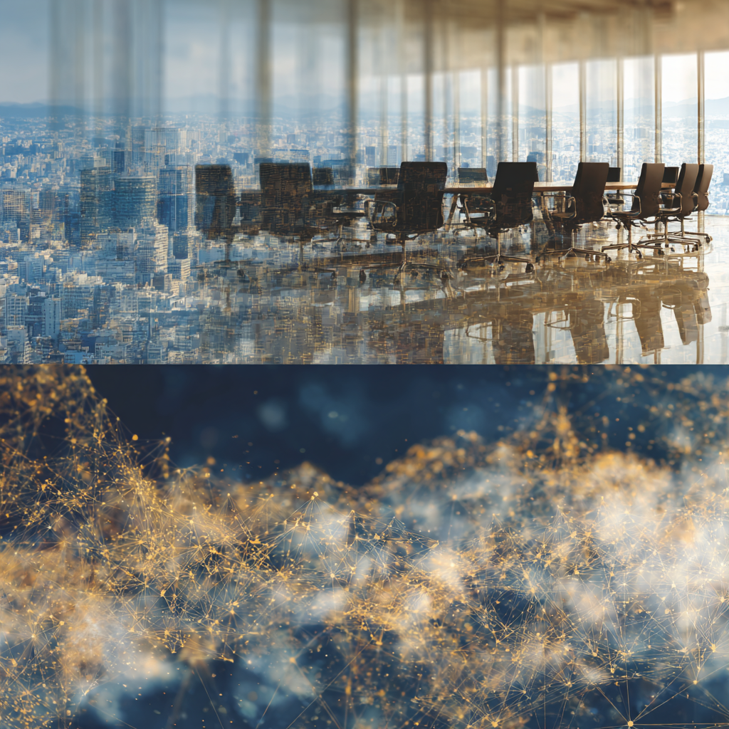 Executive boardroom with structural governance network visualization representing decision architecture and organizational alignment.